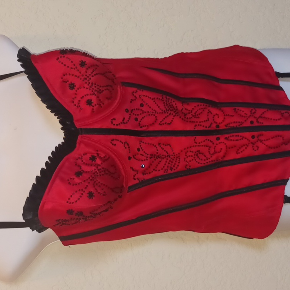 Fredericks of Hollywood Vintage Red/black Beaded Corset Top With Garters Size L